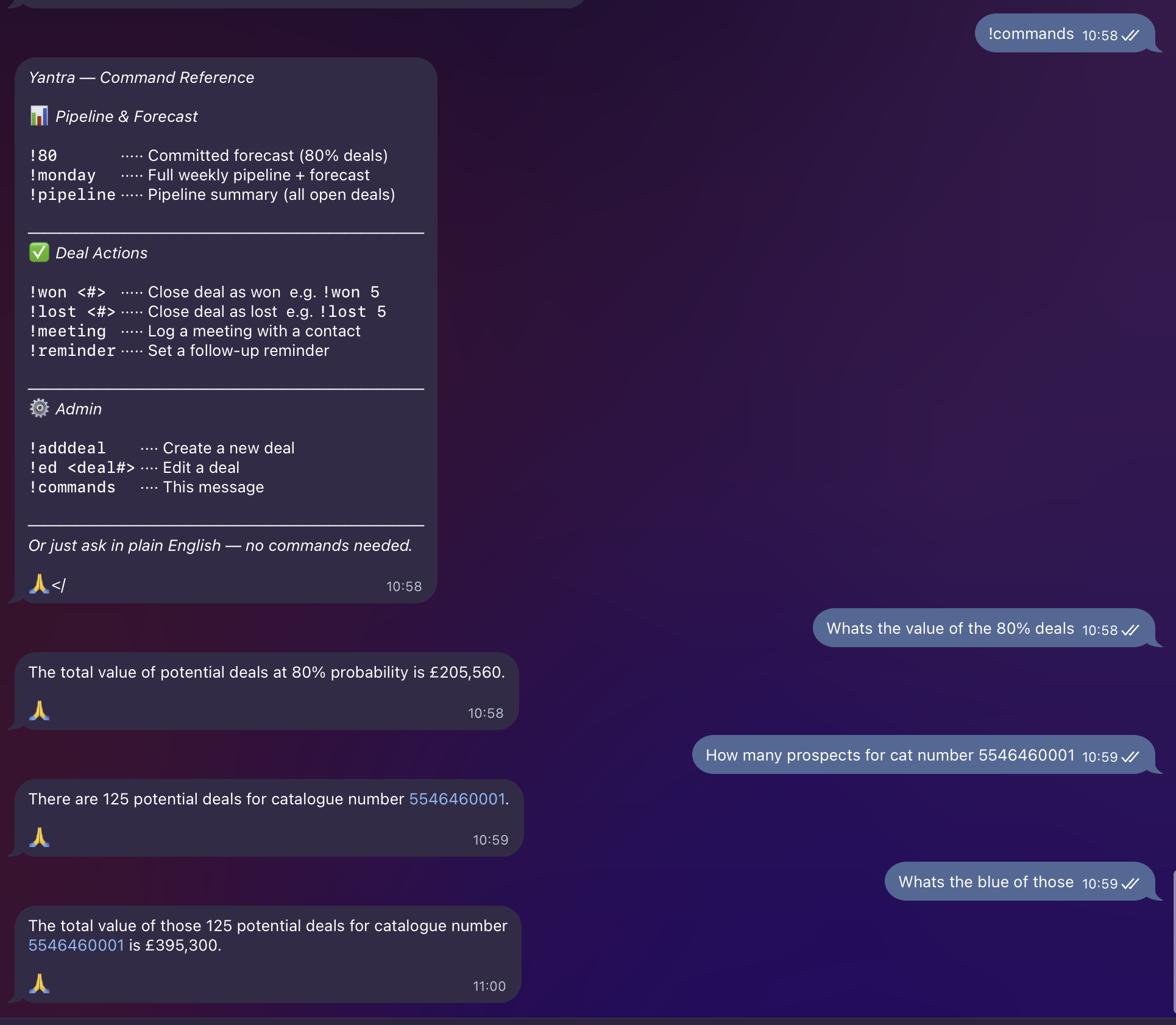 Yantra in Telegram — live CRM queries